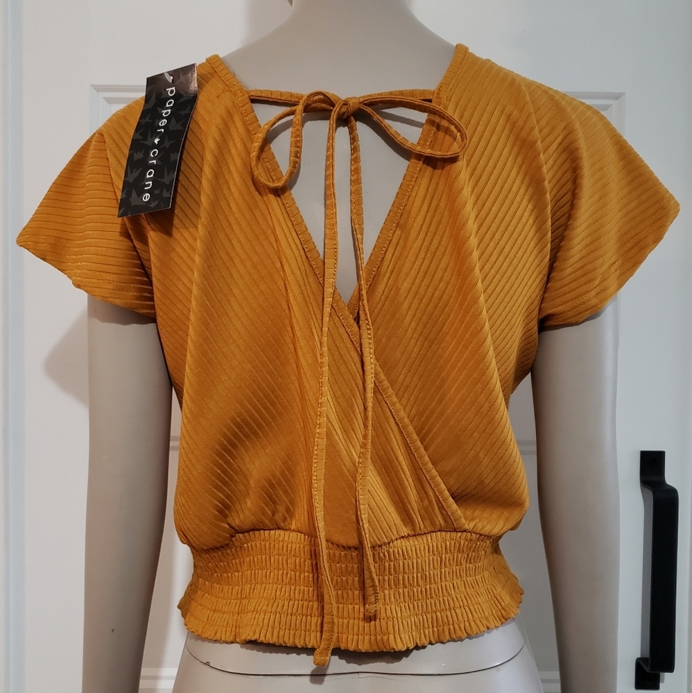 Paper Crane Womens M Plunge Tie Back Elastic Ribbed Boho Top Mustard Yellow